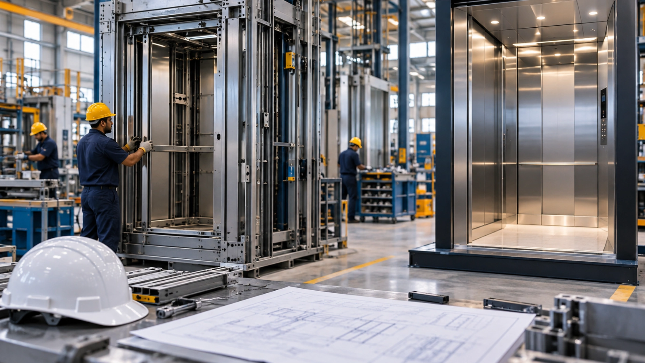Elevator manufacturing in a modern factory with workers assembling a lift