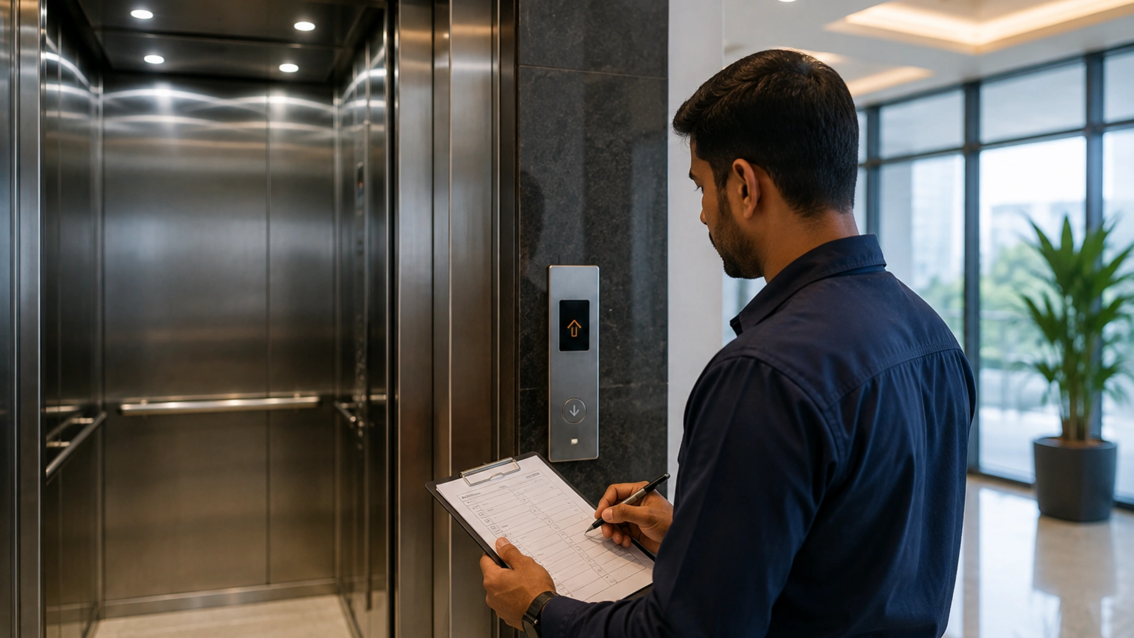 Elevator technician inspecting and documenting maintenance performance beside a
                            modern commercial building elevator 