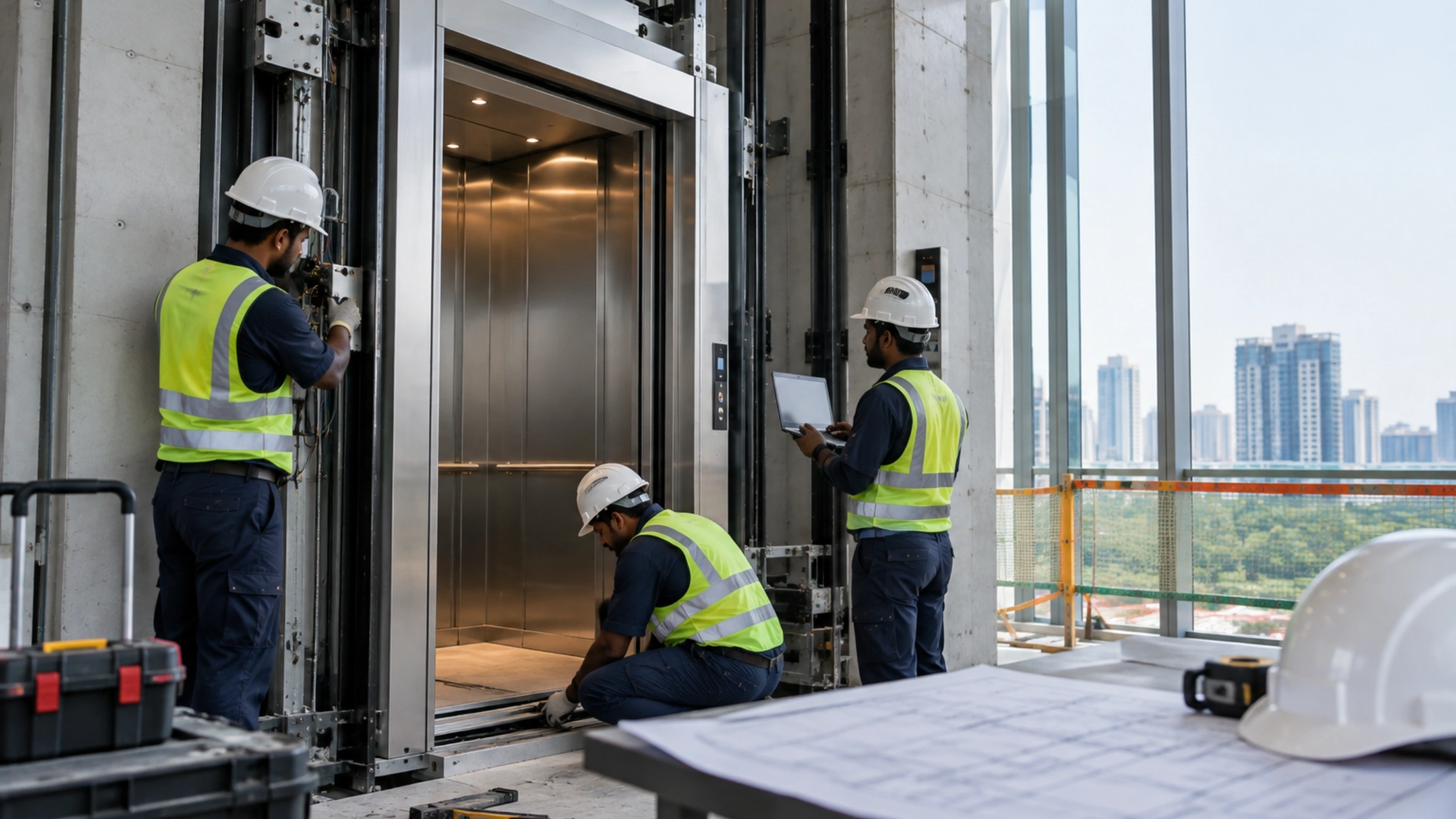 Elevator technicians installing a lift at a construction site