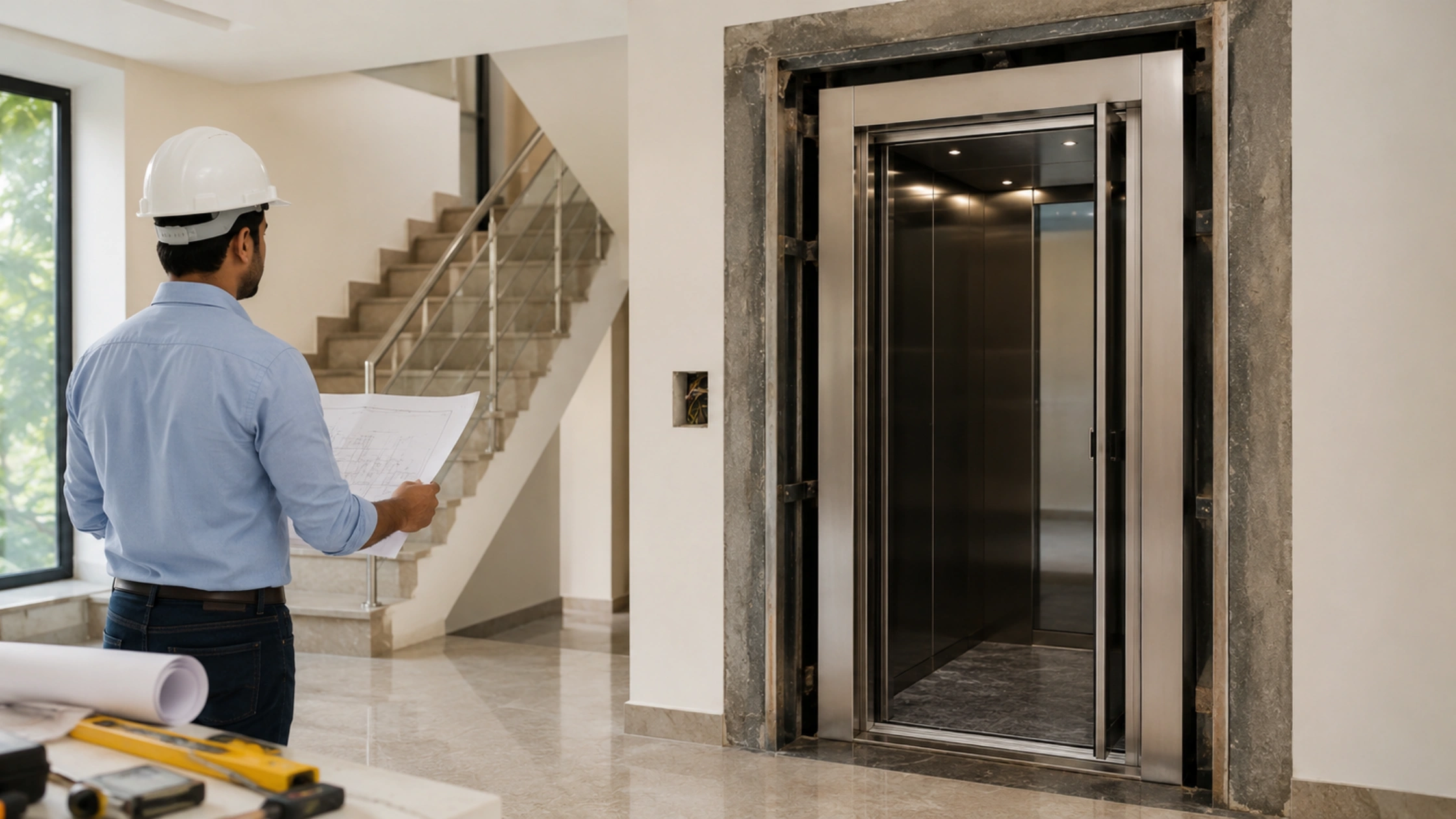 Homeowner reviewing elevator installation plans beside a modern residential
                            elevator under construction