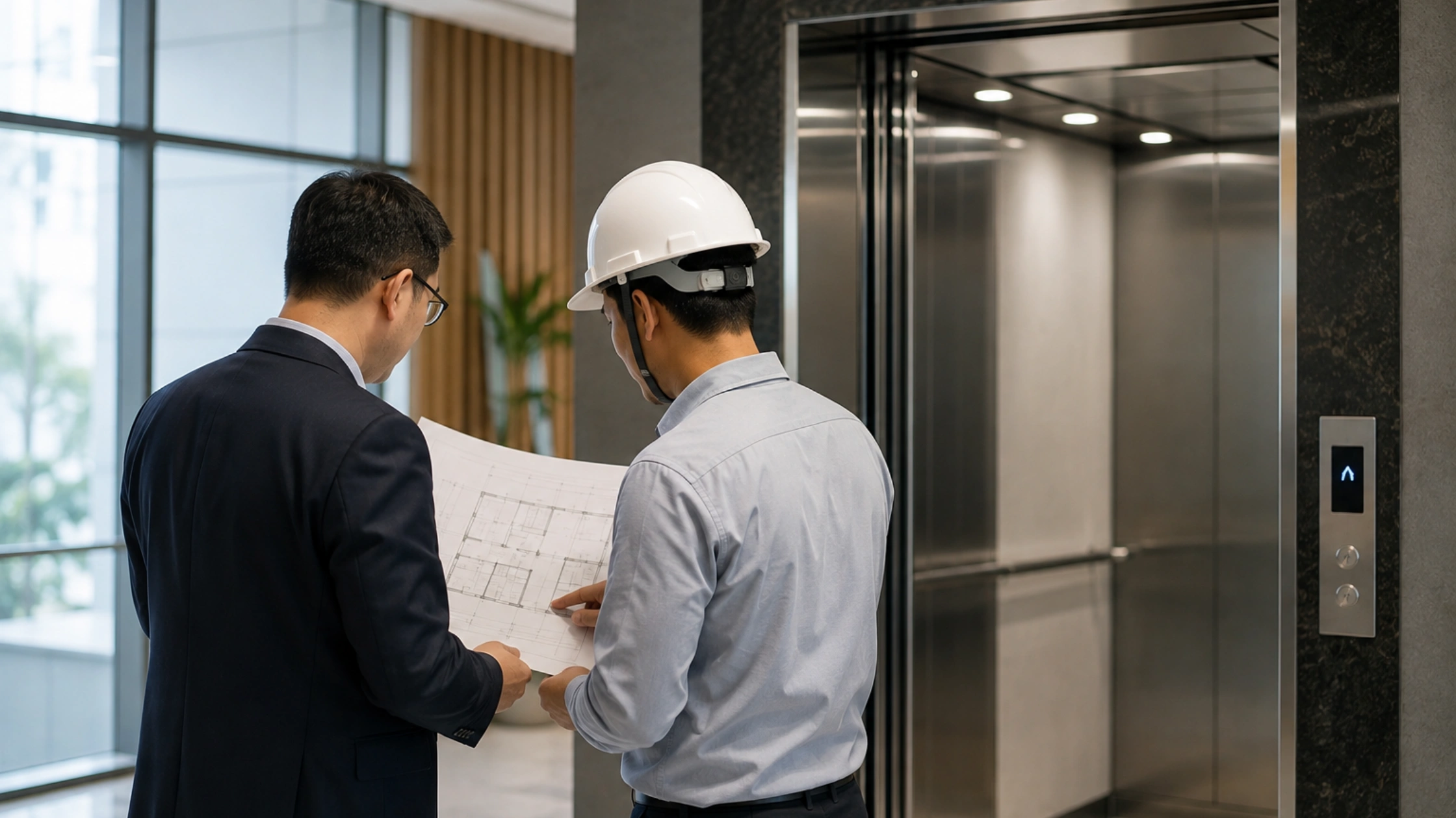 Two professionals reviewing an elevator blueprint