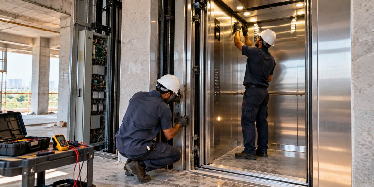 Elevator Commissioning process with technicians inspecting elevator components