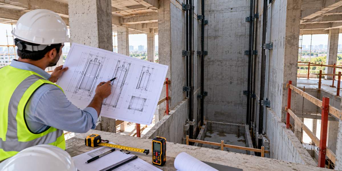 Engineer reviewing drawings for Elevator Shaft Planning